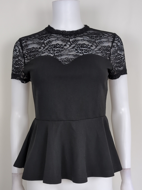 Tops - SHEIN Black Sweetheart Short Sleeve Lacy Peplum Blouse Top Size Small